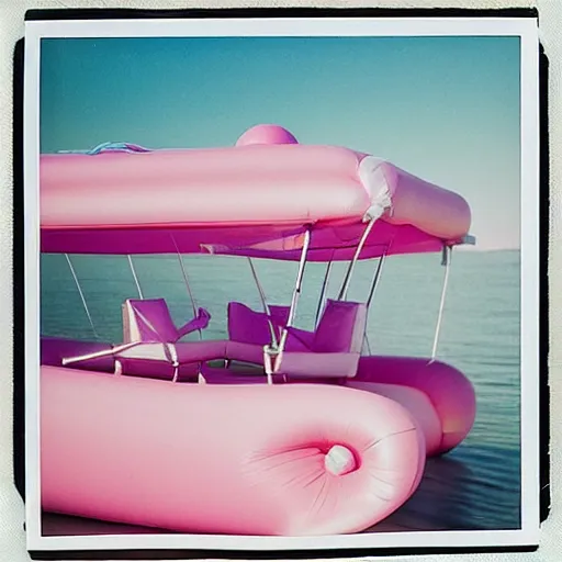 Prompt: a pastel colour high fidelity wide angle Polaroid art photo from a holiday album at a seaside of a large pink ship in the sea surrounded with abstract inflatable parachute furniture, all objects made of transparent iridescent Perspex and metallic silver, a grid of sun beds iridescence, nostalgic