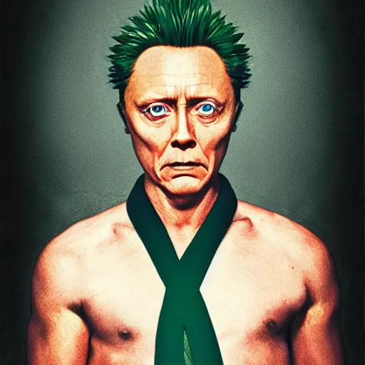 Image similar to photorealistic, portrait, solo, super saiyan christopher walken wearing turtle gi