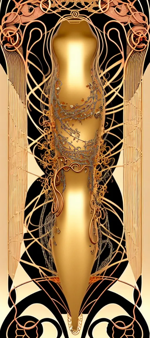 Image similar to the source of future growth dramatic, elaborate emotive Art Nouveau styles to emphasise beauty as a transcendental, seamless pattern, symmetrical, large motifs, hyper realistic, 8k image, 3D, supersharp, Art nouveau 3D curves and swirls, copper and Gold pipes, silk ribbons and golden chains, swarovski crystals, iridescent and black and shiny gold colors , perfect symmetry, iridescent, High Definition, sci-fi, Octane render in Maya and Houdini, light, shadows, reflections, photorealistic, masterpiece, smooth gradients, no blur, sharp focus, photorealistic, insanely detailed and intricate, cinematic lighting, Octane render, epic scene, 8K