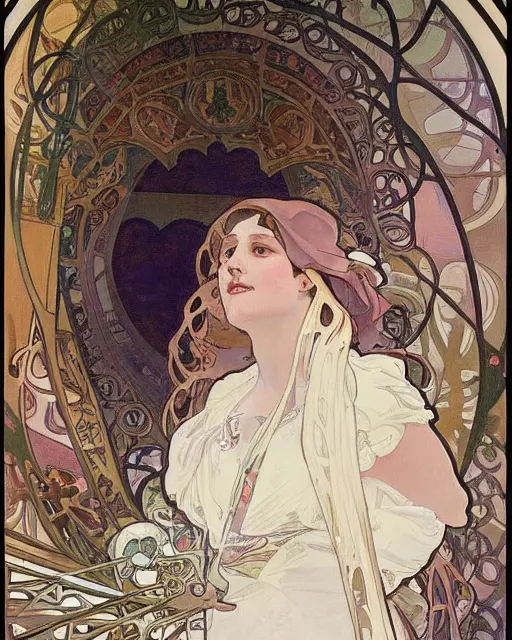 Image similar to painting alphonse mucha, the interior of the opera house, in the hollow of the hall a singer in a white dress on a lighted stage, palette of pastel colors