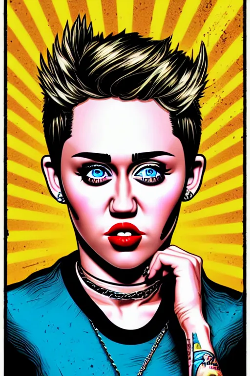 Image similar to a portrait of miley cyrus, drawn by robbie trevino and dan mumford, poster, digital art, comic art, concept art,, single head, no double head,