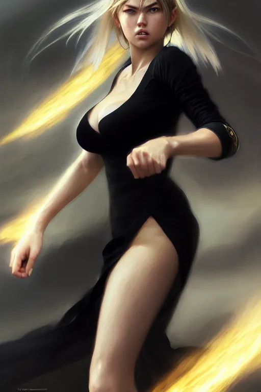 Prompt: Tekken 4 fighter anime Stunning Portrait of Kate Upton wearing a long black dress by Greg Rutkowski, blonde long hair, in a fighting stance, digital painting, artstation, concept art, soft light, hdri, smooth, sharp focus, illustration, art by tian zi, craig mullins, Mark Arian, WLOP, alphonse mucha