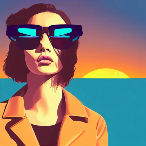 Prompt: a woman with light blue shutter shades in front of a sunset, a dark brown leather jacket, vector art by jan tengnagel, pixabay contest winner, retrofuturism, retrowave, synthwave, outrun, portrait,