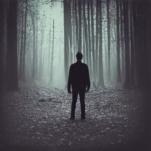 Image similar to square polaroid photo of a guy with standing in a dark fantasy forest, back view, lens flare, moody lighting, moody vibe, telephoto, 9 0 s vibe, blurry background, grain, tranquil, calm, faded!,