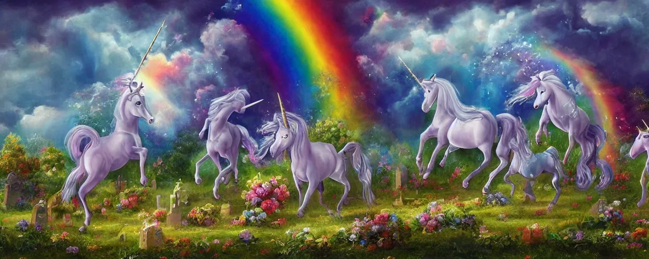 Image similar to a beautiful detailed mate painting of unicorns dancing under a rainbow on a graveyard'in the style of disney, existential horror, trending on cgsociety artstation, highly detailed, 8 k, masterpiece, super resolution.