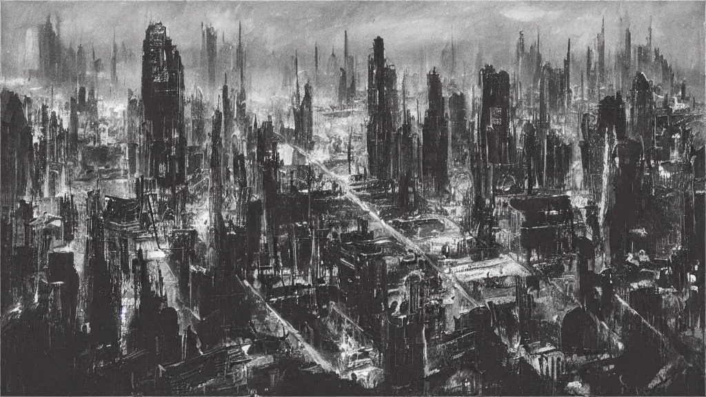 Image similar to “Hugh Ferriss painting of a future noir landscape cityscape of an art deco megacity”