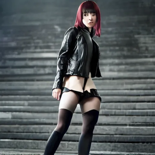 Image similar to a dynamic, epic cinematic 8K HD movie shot of a japanese young J-Pop idol girl wearing leather jacket, miniskirt, nylon tights and high heels boots. Motion, VFX, Inspirational arthouse