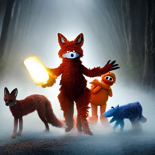 Image similar to a large druid fox muppet wearing a cloak holding a lit torch and herding a bunch of random muppet animals following behind through a dark foreboding misty blue forest at night, sesame street, photograph, photography, ultrarealistic, national geographic