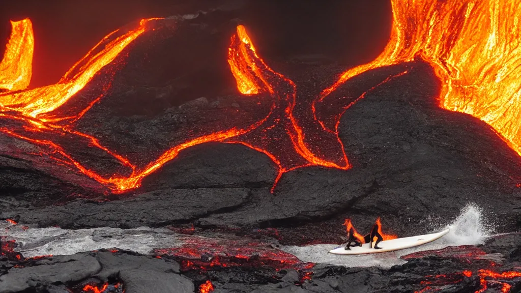 Prompt: person in armor surfing down a river of lava on the side of a volcano on surfboard, action shot, dystopian, thick black smoke and fire, motion blur, sharp focus, cinematic, tilt shift lens