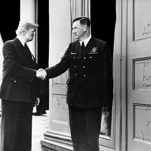 Prompt: donald trump shaking hands with adolf hitler, photography, hyper realism, germany, ww2, 8k,