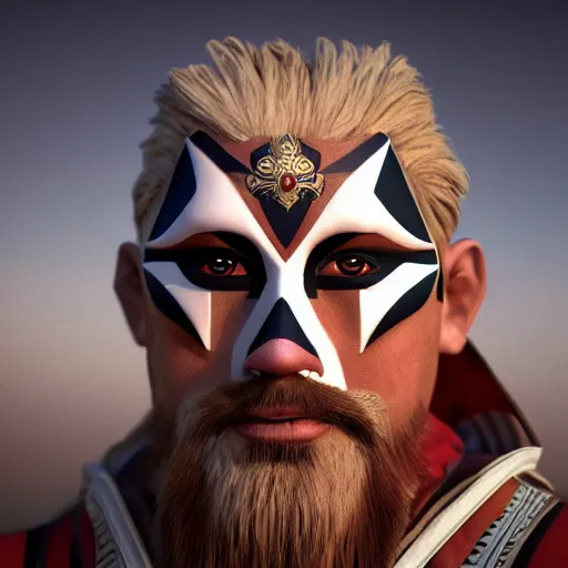 Prompt: a hyperrealistic 3d render of an aryan wizard with a goatee, wearing a harlequin mask. intricate details. arnold render. Trending on ArtStation. Centered. Vivid cinematic lighting. Desert background. In the style of LaVista.