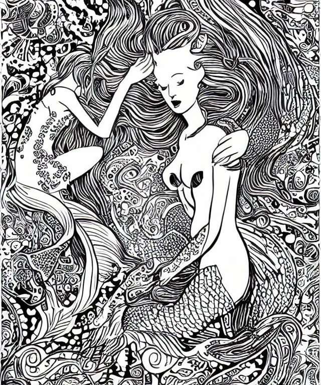 Image similar to black and white illustration, creative design, beautiful mermaid with fishes