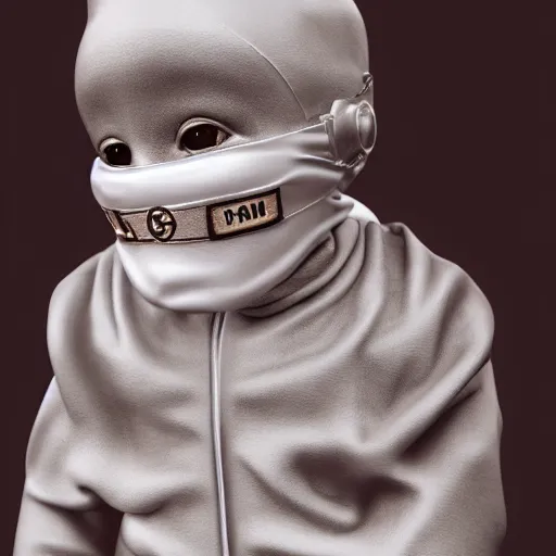 Image similar to a high tech 3 d rendering of a a baby cherub angel wearing a balaclava mask, ski mask, face covered, covered face, fixed eyes, gucci, supreme, chanel, tattoos, multiple gold cuban chain necklace, graffiti in background, cinema 4 d render