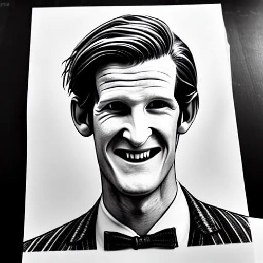 Image similar to beautiful lifelike award winning pencil illustration of the 1 1 th doctor matt smith smiling, whole body cinematic atmospheric, highly detailed, beautiful and realistic faces