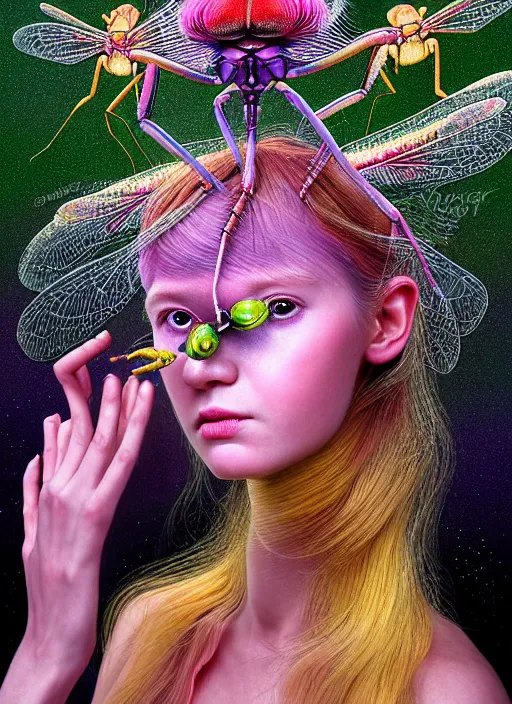 Prompt: hyper detailed 3d render like a Oil painting - kawaii portrait Aurora (gold haired Singer Praying Mantis Dragonfly bug faced) seen Eating of the Strangling network of yellowcake aerochrome and milky Fruit and Her compund eyes delicate Hands hold of gossamer polyp blossoms bring iridescent fungal flowers whose spores black the foolish stars by Jacek Yerka, Mariusz Lewandowski, Houdini algorithmic generative render, Abstract brush strokes, Masterpiece, Edward Hopper and James Gilleard, Zdzislaw Beksinski, Mark Ryden, Wolfgang Lettl, hints of Yayoi Kasuma, octane render, 8k