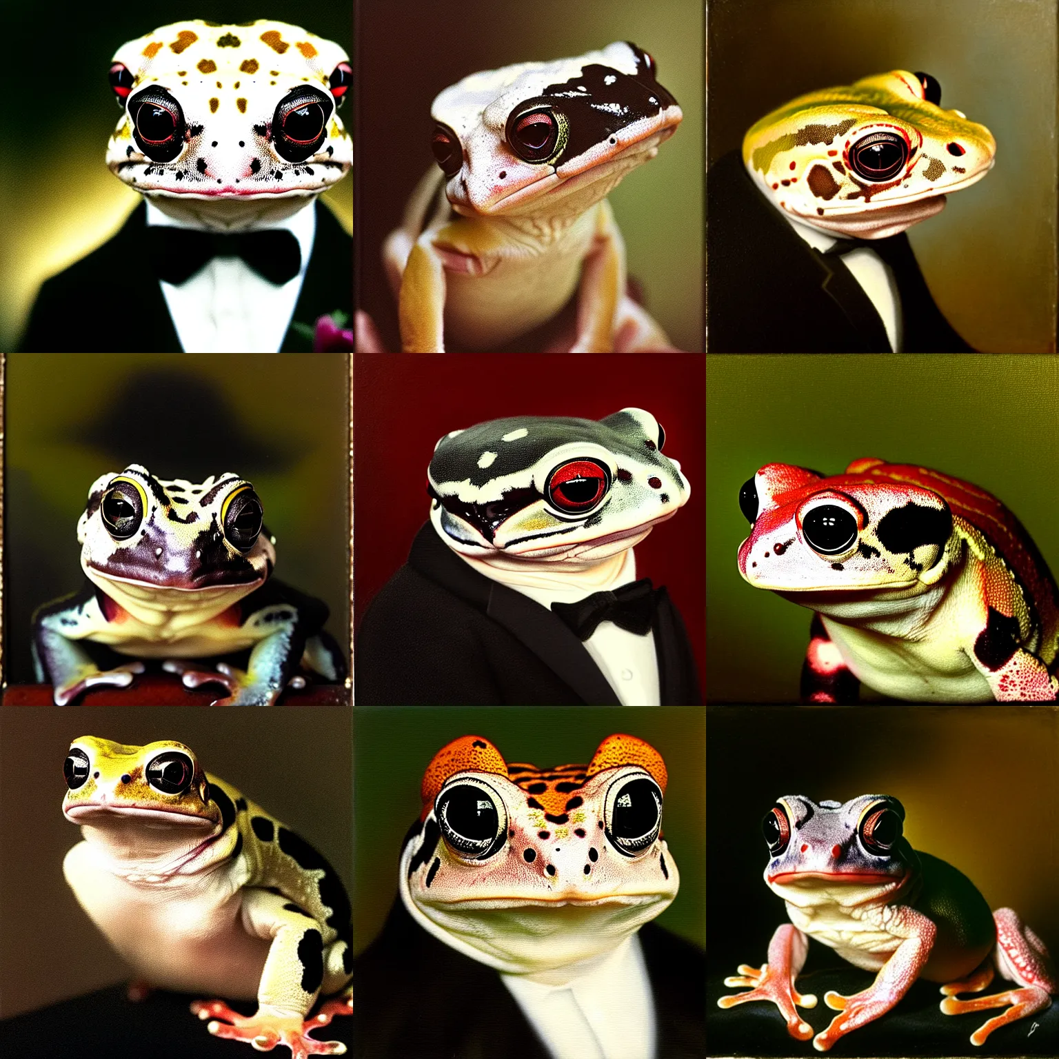 Prompt: a head - and - shoulders portrait of an amazon milk frog wearing a black tuxedo looking off camera, an american romanticism painting, oil on canvas, cgsociety, soft focus