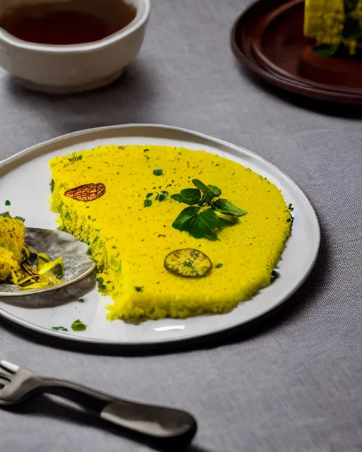 Image similar to a portrait of albert einstein sitting at the dining table with a plate containing dhokla in front of him, highly detailed, trending on artstation, bokeh, 9 0 mm, f / 1. 4