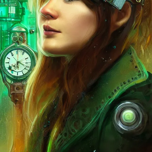 Prompt: close up portrait of a young female as sherlock Holmes with straight hair has an epic idea, pixar style, stylized face, intricate detail, digital painting, gears, watches, steampunk, glowing eye, biomechanical, trash polka, raining, faded green, particles floating, industrial background by marc simonetti + wlop, artwork by ross tran + ramond swanland + liam wong +mike winklemann + wlop