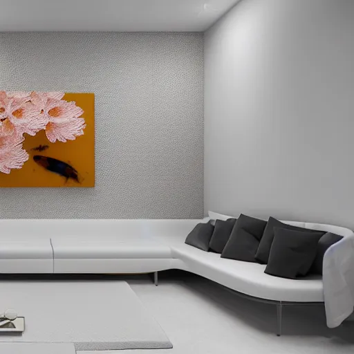 Image similar to peach - colored zen clean modern minimalist white room with koi pond by peter tarka in an ivory room well contoured smooth fair walls, up close shot, sharp focus, zen, clean, modern minimalist, octane highly render, 4 k, ultra hd,