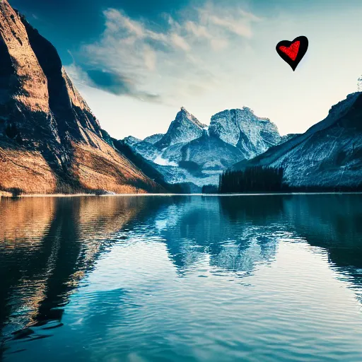 Image similar to photo of two black swans swimming in a beautiful reflective mountain lake, touching heads, forming a heart with their necks, a colorful hot air balloon is flying above the swans, hot air balloon, intricate, 8k highly professionally detailed, HDR, CGsociety