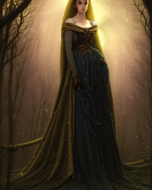 Prompt: nocturne, glowing, stars, a portrait of a beautiful medieval princess with a sword, tall and thin, highly detailed, mysterious, ethereal, dressed in velvet and gold jewelry, haute couture, dark forest, illustration, dramatic lighting, by edmund blair leighton, brom, charlie bowater, faces by otto schmidt