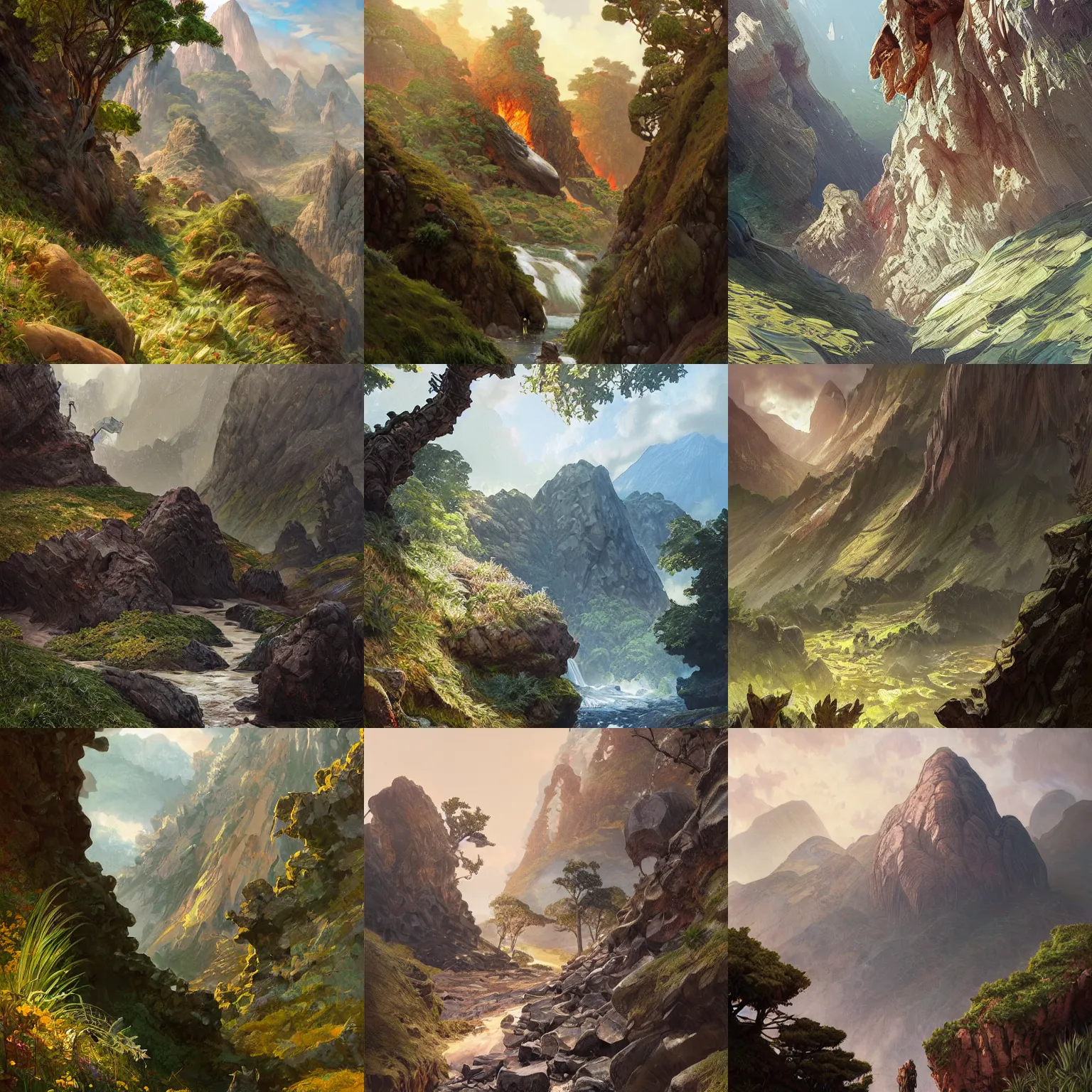 Prompt: vulcano landscape with lots of rocks and trees, d & d, wet, shiny, fantasy, intricate, elegant, highly detailed, digital painting, artstation, concept art, smooth, sharp focus, illustration, art by artgerm and greg rutkowski and alphonse mucha and garis edelweiss