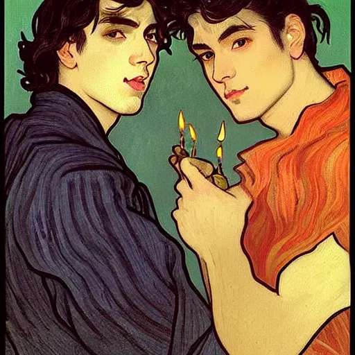 Image similar to painting of young cute handsome beautiful dark medium wavy hair man in his 2 0 s named shadow taehyung and cute handsome beautiful min - jun together at the halloween! party, bubbling cauldron!, candles!, smoke, autumn! colors, elegant, wearing suits!, clothes!, delicate facial features, art by alphonse mucha, vincent van gogh, egon schiele