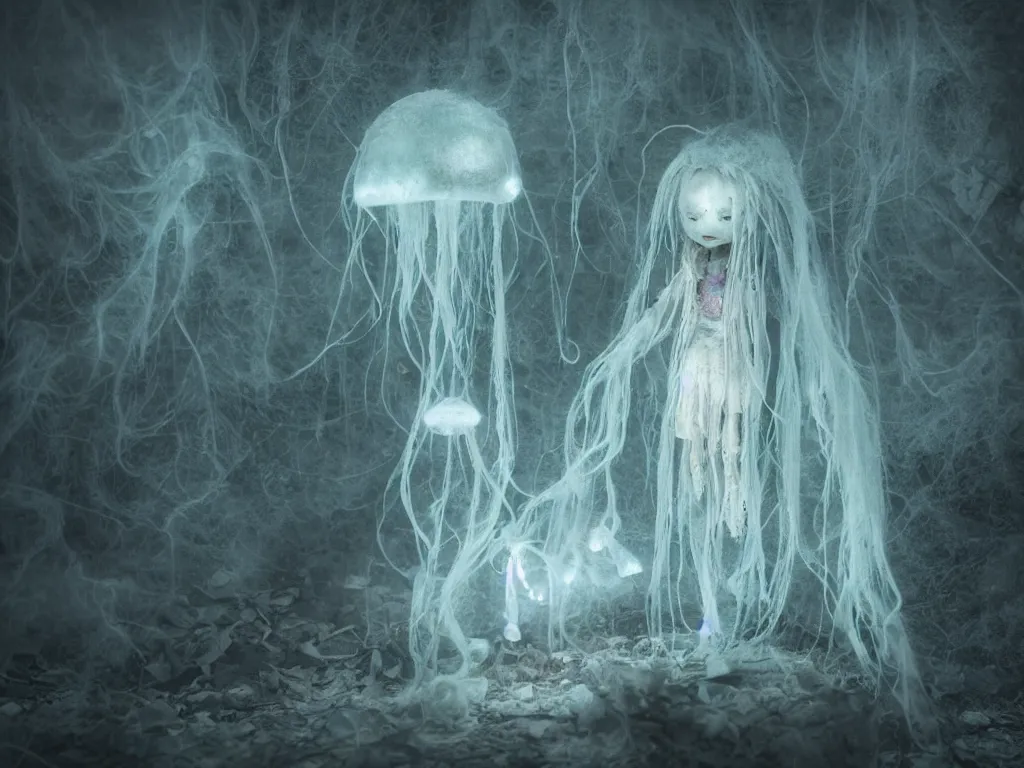 Image similar to cute fumo plush smiling ectoplasmic jellyfish ghost girl lingering in a mysterious concrete organic ruin, patchwork doll chibi gothic maiden in tattered melting rags, glowing wisps of hazy green smoke and eerie blue volumetric fog swirling about, moonlight, glowing lens flare, black and white, vray