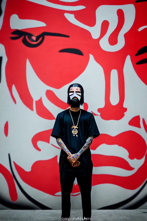 Image similar to asian guy with oni mask stand in front of wall with nipsey hussle mural, photorealistic, smooth, 4 k, aesthetic lighting, baroque object, sharp focus, hyperdetailed, professional photography, pullitzer winning, photo by : canon eos 5 d mark iv, by karah mew and adnan abidi and jodie bateman