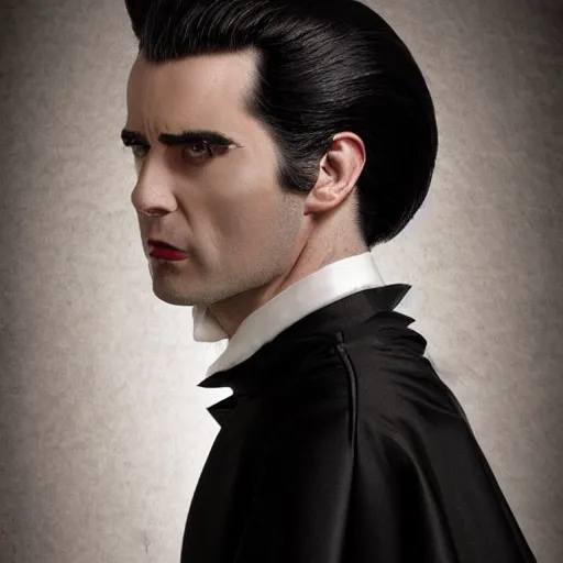 Image similar to a vampire, male, late - 4 0 s aged, long, slicked black hair, clean shaven, wearing a cape, regal, royal, grim facial expression, high fantasy, full color digital art, cinematic shot, full body shot.