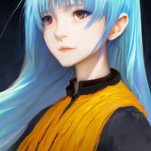 Prompt: profile shot of rimuru tempest looking forward, sky blue hair, straight hair, pretty, long bangs, gold amber eyes, black jacket with white stripes and a high frilly collar, highly detailed, unreal engine 5, digital painting, concept art, cinematic, wlop | artgerm, pixiv, ilya kuvshinov, greg rutkowski