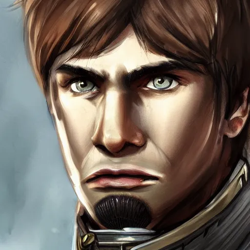 Image similar to character portrait young scarred captain knight with a steel breastplate, short brown hair and stubble. straight nose, brown eyes, lean face and build. hyper detailed