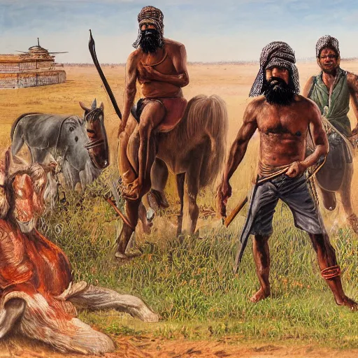 Image similar to portrait of head and body, single bangla farmer fighting, hand to hand combat with machete, full body view, long flowing hair, fighting for his life, nebula aura surrounding subject, horseback combat attacker foreground, islamic revolution, mongolian invasion of iraq, background of invading army, nestor canavarro hyperrealist art style, sharp brushstrokes