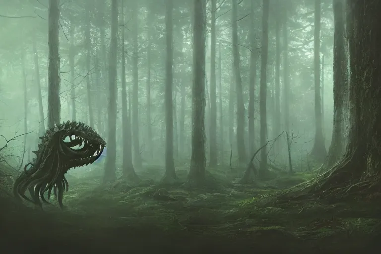 Image similar to creepy eldritch monster in a swedish forest, very low angle photograph, very detailed, trending on artstation, realistic, soft colors, simon stalenhag, lovecraft, horror