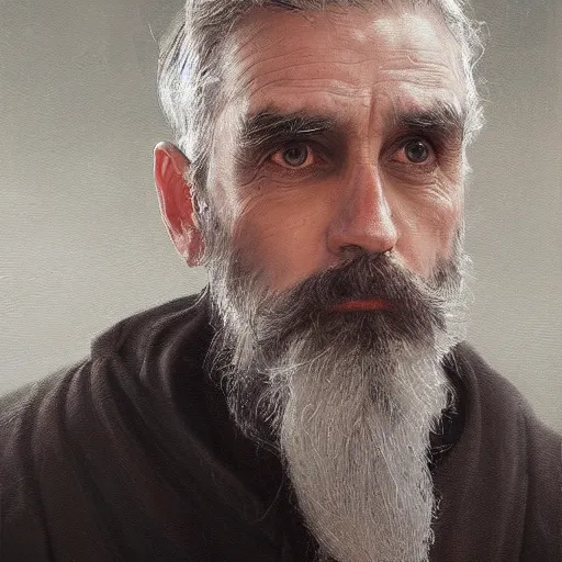 Image similar to An oil painting of a man dressed in priest robes, 50 years old, short grey hair, trimmed beard, sharp facial features, beautiful, highly detailed, by Cédric Peyravernay, trending on artstation