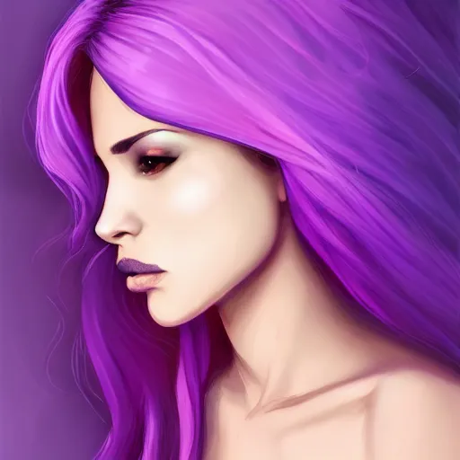 Image similar to a stunning upper body portrait of a beautiful woman with ombre purple and pink hair blowing in the wind by marvel comics, digital art, trending on artstation