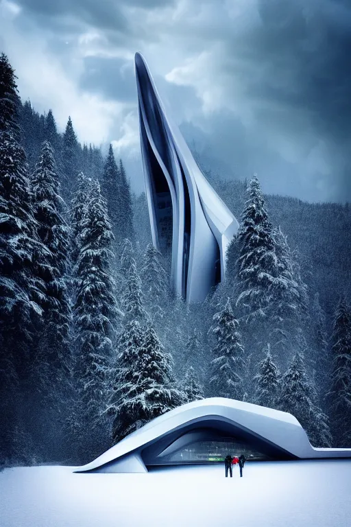 Image similar to a futuristic scene in front of a zaha hadid building in the forrest of the french alps in the style of chris moore, stormy weather, cinematic matte painting, extreme detail photo quality, dark moody colors, snowfall, featured on behance