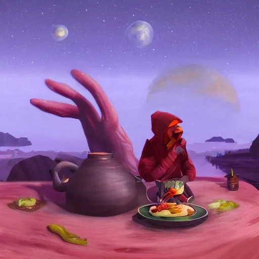 Image similar to interloper consuming food in no man's sky, fantasy art