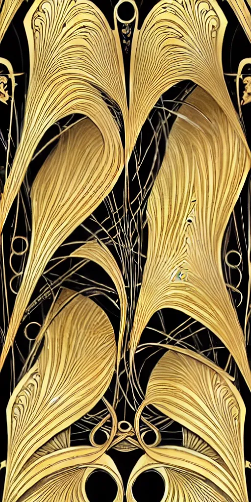 Prompt: the source of future growth dramatic, elaborate emotive Art Nouveau styles to emphasise beauty as a transcendental, seamless pattern, symmetrical, large motifs, hyper realistic, 8k image, 3D, supersharp, Flying shiny silk fabric in Art nouveau curves spirals and swirls, iridescent and black and gold colors , perfect symmetry, iridescent, High Definition, sci-fi, Octane render in Maya and Houdini, light, shadows, reflections, photorealistic, masterpiece, smooth gradients, no blur, sharp focus, photorealistic, insanely detailed and intricate, cinematic lighting, Octane render, epic scene, 8K