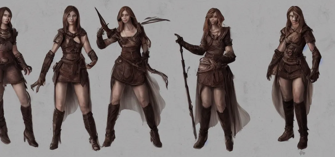 Image similar to character sheet concept art of female video game characters, renaissance, realistic, hyper realistic, photographic, costume,