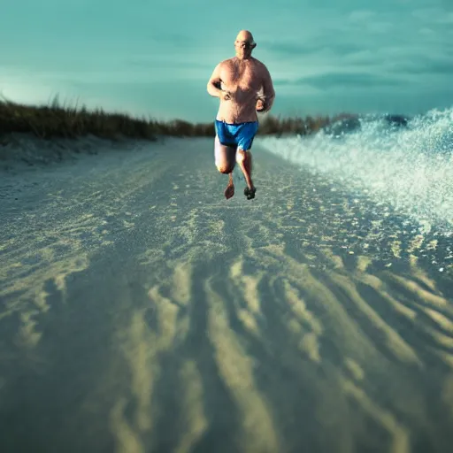 Image similar to Walter White running on the beach, artistic, 8k, cinematic, accurate, symetric, face, dramatic lighting, pastel colours