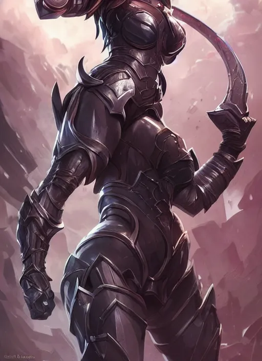 Image similar to poster!! beautiful new female character for league of legends, character concept art, action pose, illustration, full body armor, steel plating, huge weapon, super powers, athletic, symmetry, intricate design, shiny, highly detailed, hd, dramatic lighting, art by artgerm and greg rutkowski