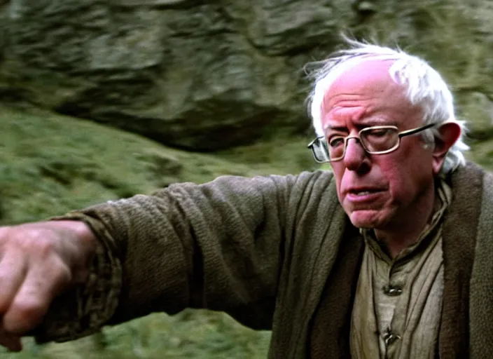 Image similar to film still of bernie sanders as frodo in lord of the rings movie, 8 k