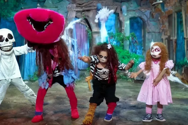 Image similar to a full color still frame from a freaky live action kids tv show about pirate kitten, skull puppet and a sad dumb ghost, tickle fight