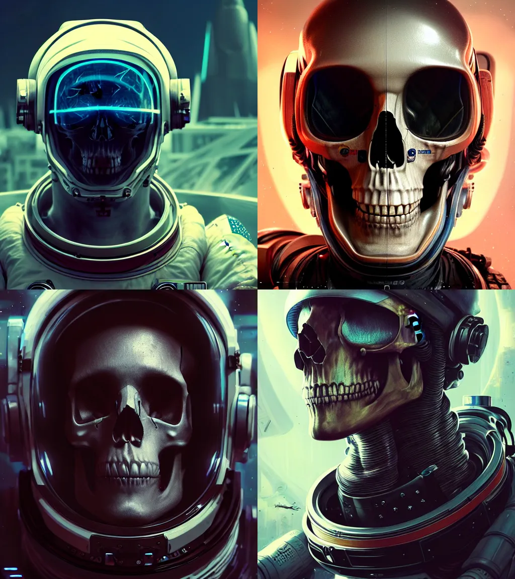 Prompt: astronaut skull portrait, cyberpunk, Wadim Kashin, Mark Brooks and Brad Kunkle, featured in artstation, octane render, cinematic, elegant, intricate, 8k