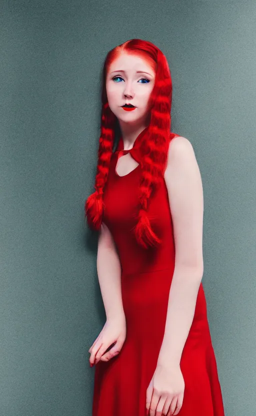 Image similar to photo portrait Red-haired 20-years old girl in a red dress, With two pigtails, green eyes and sliding face plates, standing on the dimly lit stage, realistic, photo, photorealistic, detailed, high quality, 8k, realism