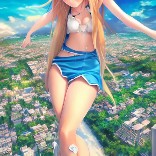 Prompt: seen from above : a giant macro very beautiful young yuuki asuna, full body, long wavy blond hair, sky blue eyes, full round face,, bikini, miniskirt, stepping on a miniature city, cinematic wallpaper by stanley artgerm lau