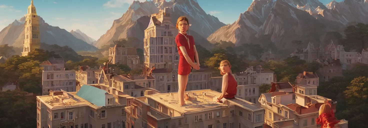 Image similar to a beautiful scenic painting by artgerm and spike jonze and wes anderson and wlop