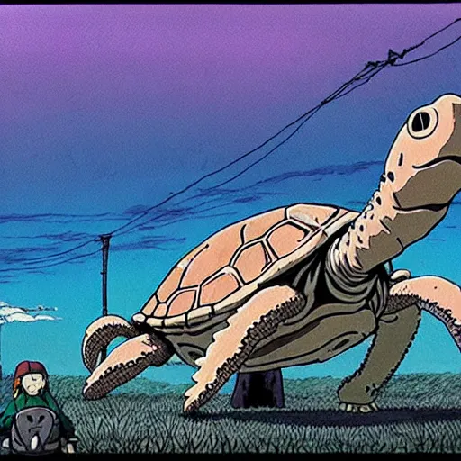 Image similar to a still from princess mononoke ( 1 9 9 7 ) film of a lovecraftian giant mechanized sea turtle, daytime on a baseball field. full body, wide shot, very muted colors, post grunge, studio ghibli, laurie greasley, highly detailed, deviantart, art by artgem