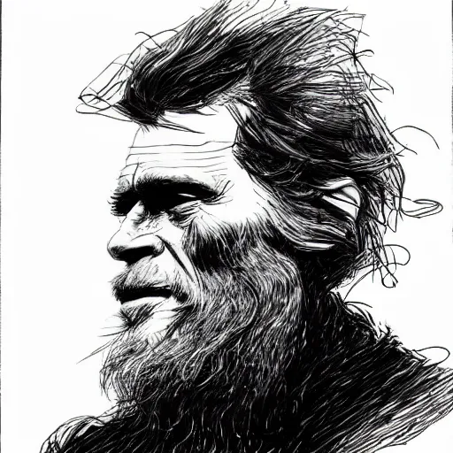 Image similar to a realistic yet scraggly portrait sketch of the side profile of a stern and sophisticated willem dafoe with a beard, trending on artstation, intricate details, in the style of frank auerbach, in the style of sergio aragones, in the style of martin ansin, in the style of david aja, in the style of mattias adolfsson